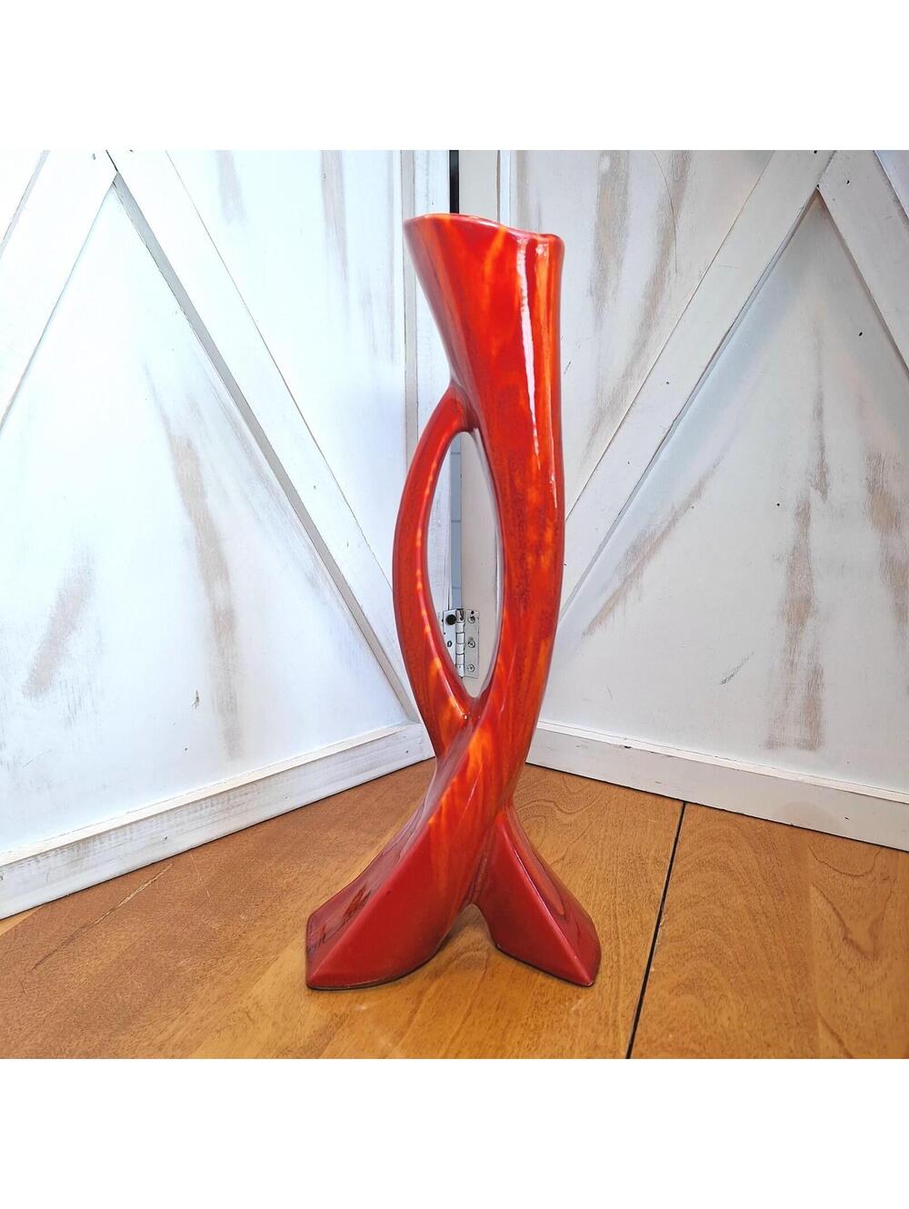 MCM California Pottery Style Tall Orange & Gold Abstract Twist Vase 12.25"H
